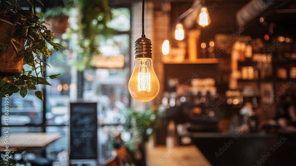 Poster edison bulb illuminated elegantly in a cozy cafe setting with greenery. generative ai