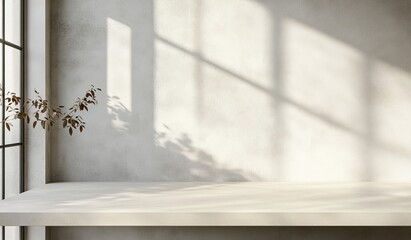 Minimalist shelf with sunlight shadows and dried plant.