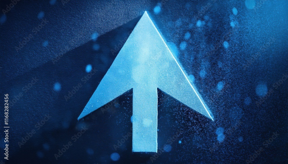 Poster a vibrant blue arrow symbolizing direction and progress against a textured background of light parti