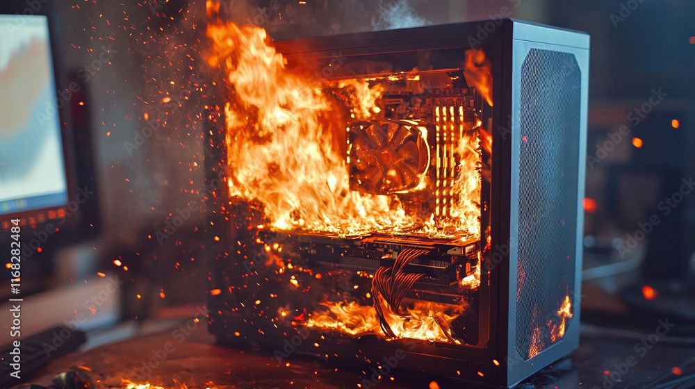 Poster a computer that is engulfed in flames. tongues of fire can be seen inside the computer case, which c