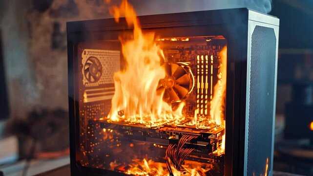 a computer that is engulfed in flames. Tongues of fire can be seen inside the computer case, which cover various components such as the motherboard and fans.