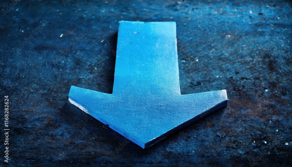 Poster a blue downward arrow on a textured surface, symbolizing direction or movement, creating a modern an