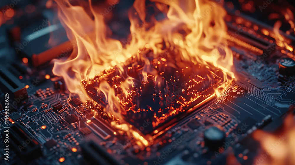 Poster a computer board that is engulfed in flames.