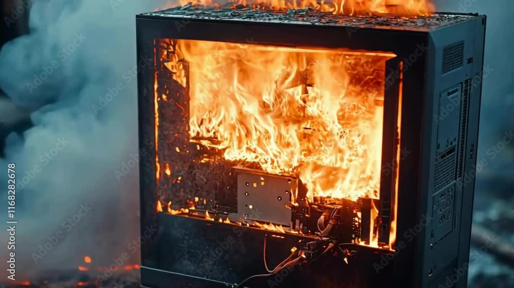Poster a computer or server engulfed in flames.