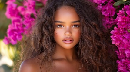 Naklejka premium Beautiful young woman surrounded by pink flowers in a lush garden portrait photography natural light