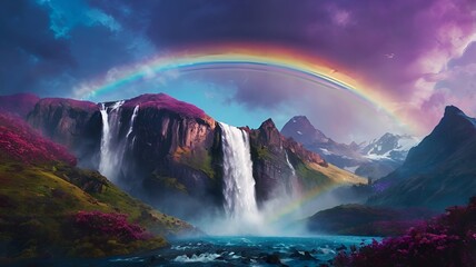 rainbow in the mountains with waterfall
