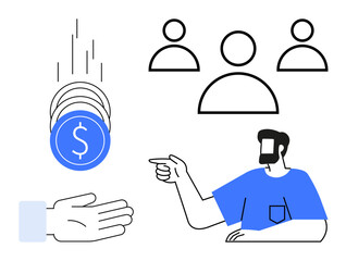 Man pointing towards coins and simplified person icons. Ideal for business, money transactions, economic interaction, team management, investments, decision-making, career growth. Abstract line flat