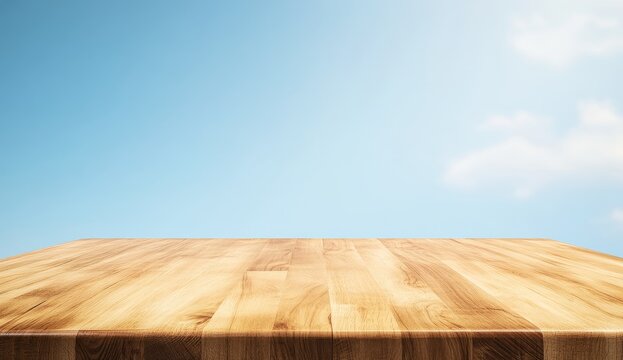 Empty wooden table against a bright blue sky.