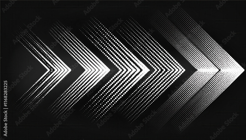 Poster abstract design featuring a series of white arrows in varying sizes, arranged diagonally against a b