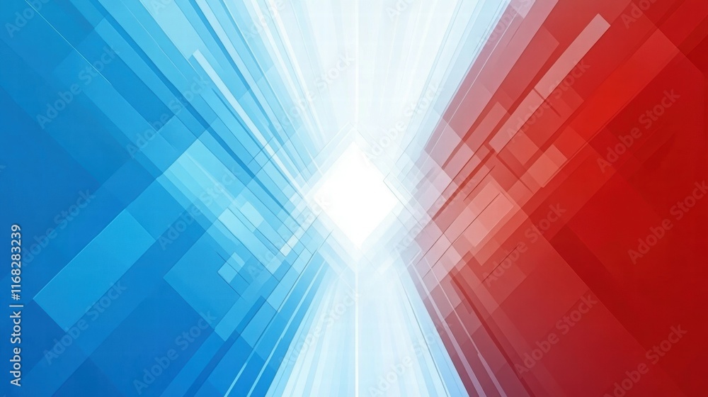 Poster abstract design featuring blue and red rays converging towards a bright center.