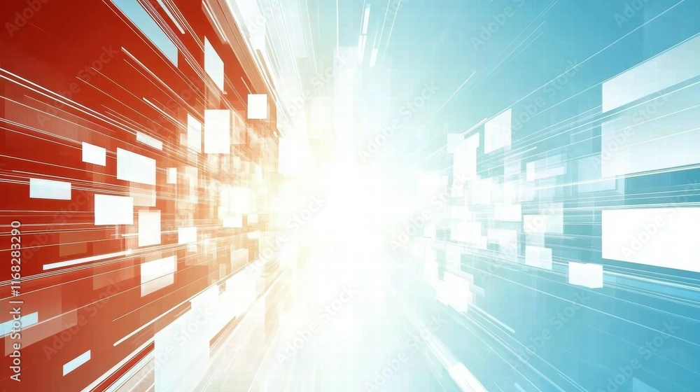Poster Abstract digital background with light rays and geometric shapes in red and blue tones.
