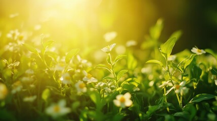 Fototapeta premium Golden Sunlight Illuminates Delicate White Flowers In Lush Green Field