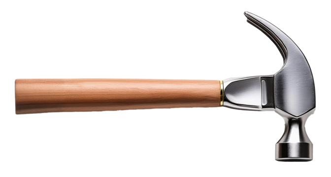 silver hammer with wooden handle isolated on white background