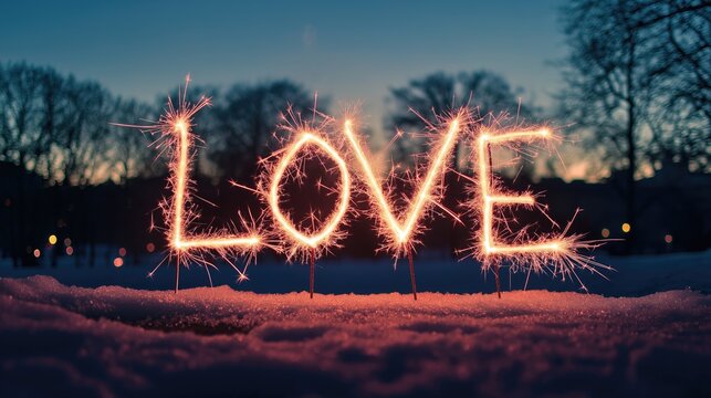 The word "LOVE" written with sparklers in a snowy winter landscape, with a romantic glow and dreamy atmosphere, surrounded by trees and a dark blue sky filled with snow on the ground.