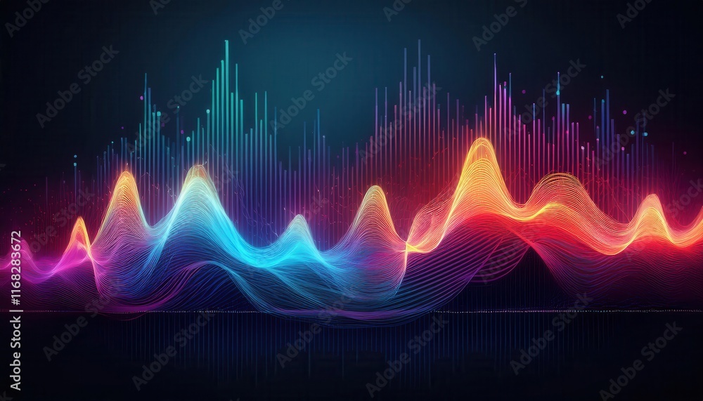 Poster a vibrant digital visualization of sound waves, showcasing colorful peaks and troughs against a dark