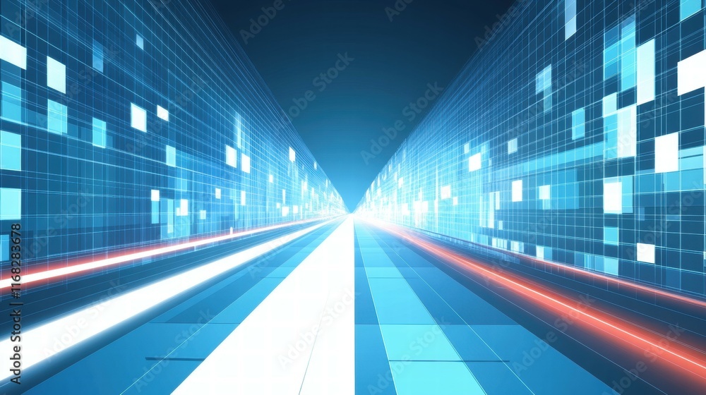 Poster abstract digital landscape with blue tones and light trails suggesting motion and technology.
