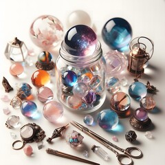 AI Generate of Assorted Crystal Ball in Jar on white background, pop of fun, playfulness