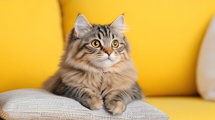 A fluffy cat lounging on a pillow against a vibrant yellow background.
