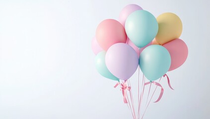 Pastel balloons bunch on light background.
