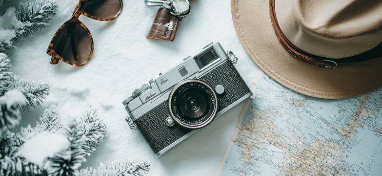 Vintage camera, hat, sunglasses, and map on snowy surface.