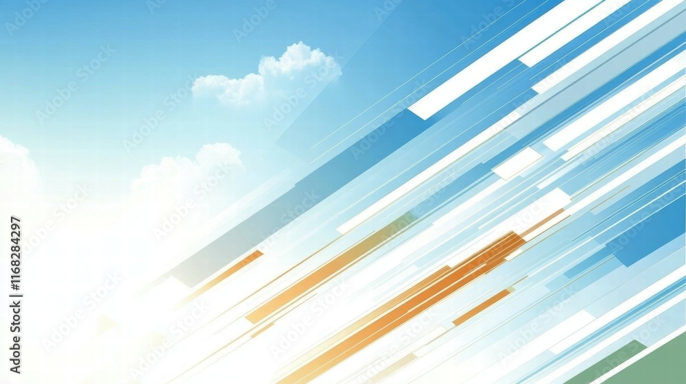 Poster abstract graphic design with diagonal lines against a bright sky background.