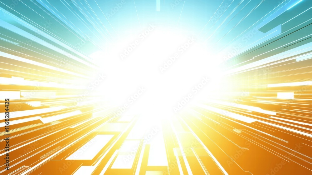 Poster Abstract burst of light with dynamic lines and colors, suggesting energy and movement.