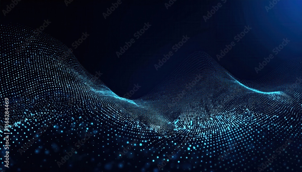 Poster a dark, abstract landscape of shimmering blue particles resembling waves or digital data flows, crea