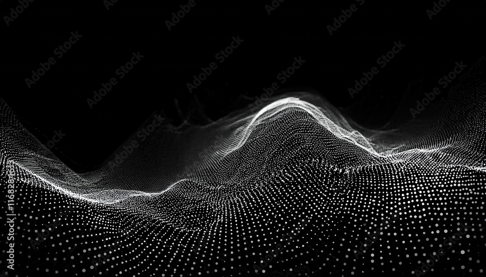 Poster a monochromatic wave of dots creates a dynamic, undulating surface against a black background, evoki
