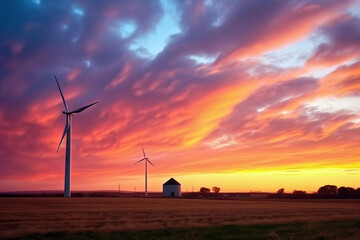 Obraz premium A glowing wind farm at dusk with a colorful sky in the background, vibrant artistic bokeh background