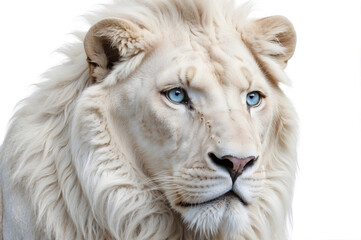 Majestic white lion with striking blue eyes against a pure white background.