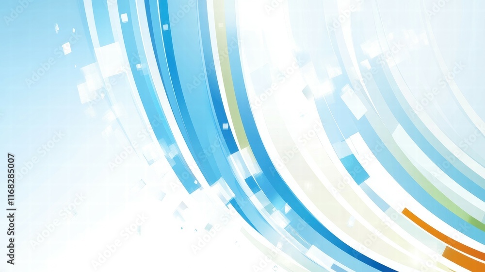 Poster abstract design with flowing lines and shapes in blue, green, and orange tones.