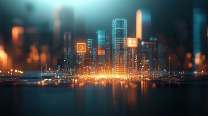 Dynamic ai machine learning interface in a futuristic cityscape digital visualization urban environment high-tech perspective innovation insights