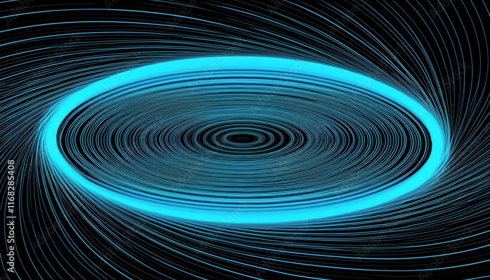 Poster a vibrant, circular design with swirling patterns and glowing blue accents on a dark background, cre