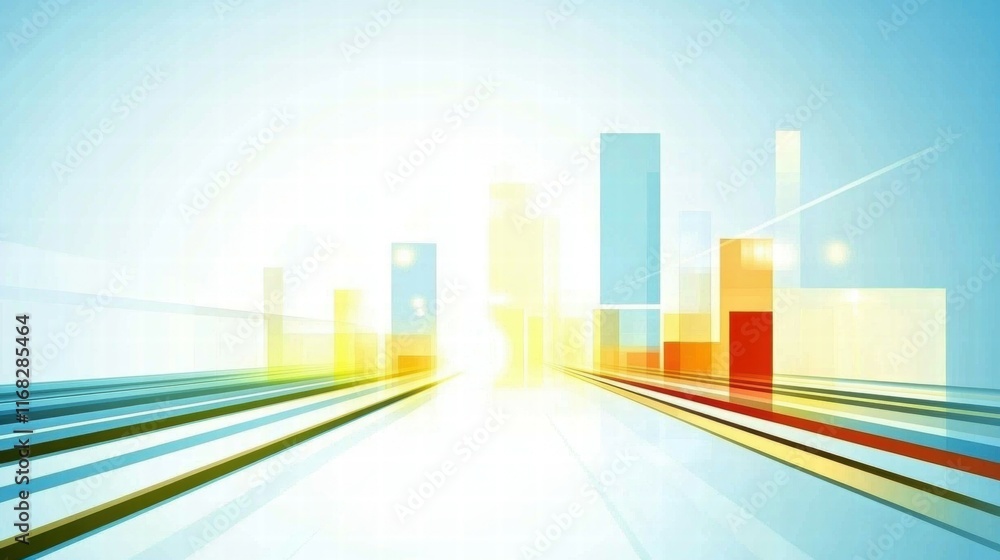 Poster abstract cityscape with colorful bars and lines suggesting movement and growth.