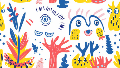 Vibrant Abstract Illustration, Colorful Shapes, Seamless Pattern