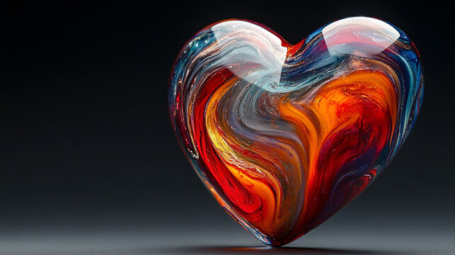 Vibrant glass heart in swirling red blue orange patterns symbolizing love passion energy and creativity artistic chaos with open caption space on the side perfect for bold statements

