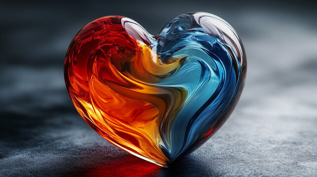 Vibrant glass heart in swirling red blue orange patterns symbolizing love passion energy and creativity artistic chaos with open caption space on the side perfect for bold statements


