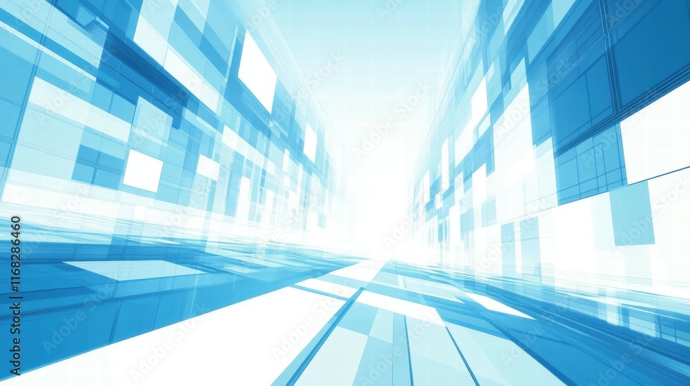 Poster abstract digital landscape with blue tones and geometric shapes creating a futuristic perspective.