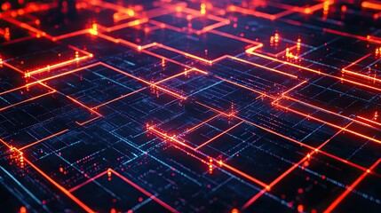 Abstract futuristic grid with glowing orange and red points connected by lines, creating a tech-inspired layout.