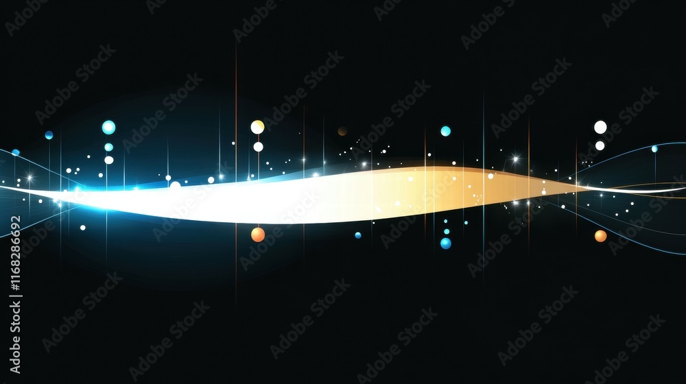 Poster a digital abstract design featuring glowing lines and colorful orbs against a dark background.