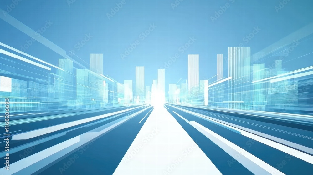 Poster Abstract cityscape with motion blur, symbolizing speed and technology in urban environments.