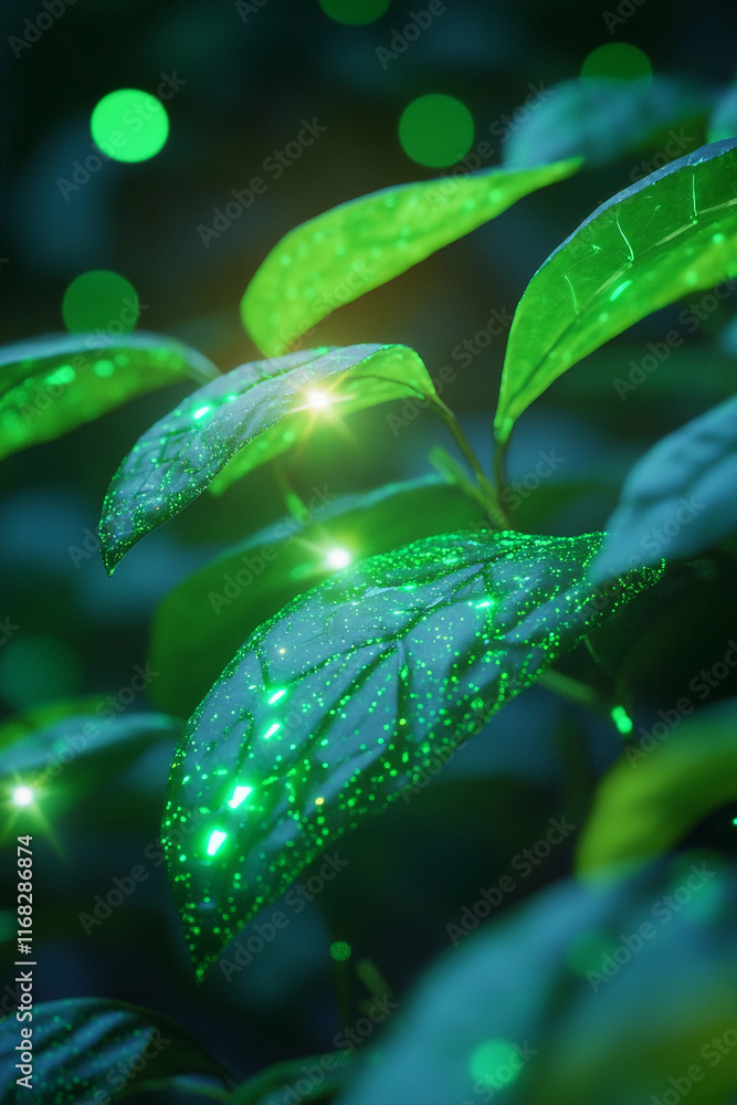 Poster futuristic glowing data and finance algorithm visuals in vibrant greenery. generative ai
