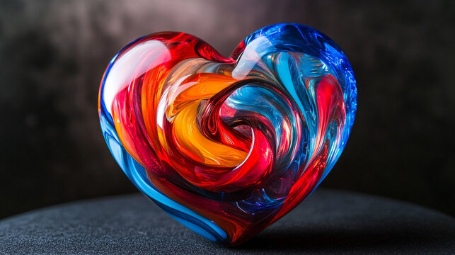 Vibrant glass heart in swirling red blue orange patterns symbolizing love passion energy and creativity artistic chaos with open caption space on the side perfect for bold statements

