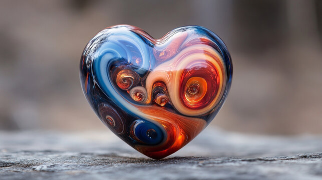 Vibrant glass heart in swirling red blue orange patterns symbolizing love passion energy and creativity artistic chaos with open caption space on the side perfect for bold statements

