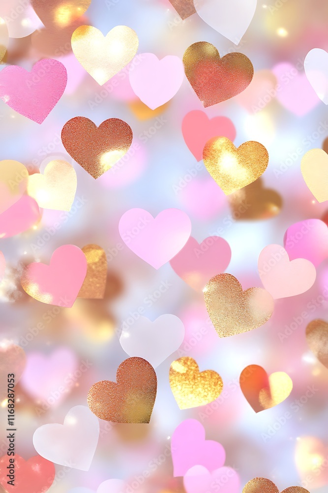 Aufkleber a romantic background of colorful hearts floating on a soft pink bokeh canvas