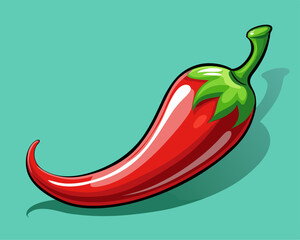 A vibrant red chili pepper with a green stem, resting against a pale mint-green background