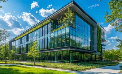 Obraz premium Modern glass office building with green wall and landscaping.