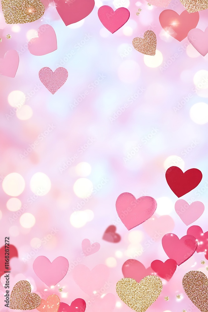 Aufkleber a romantic background of colorful hearts floating on a soft pink bokeh canvas