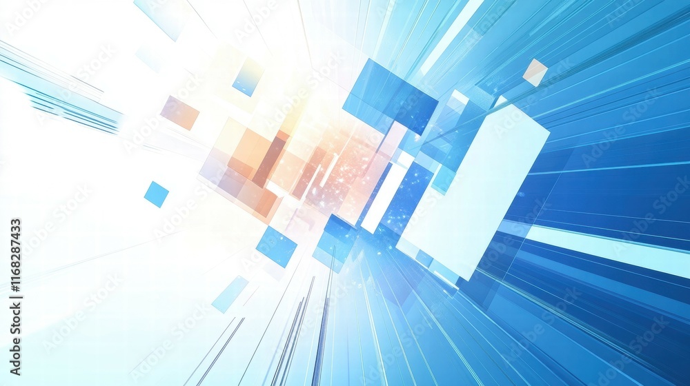 Poster abstract digital composition with blue hues and geometric shapes conveying motion and depth.