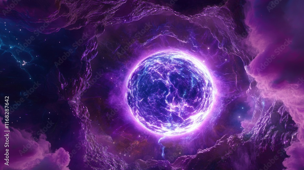 Poster ai-inspired translucent sphere patterns with glowing accents floating in a deep purple void.